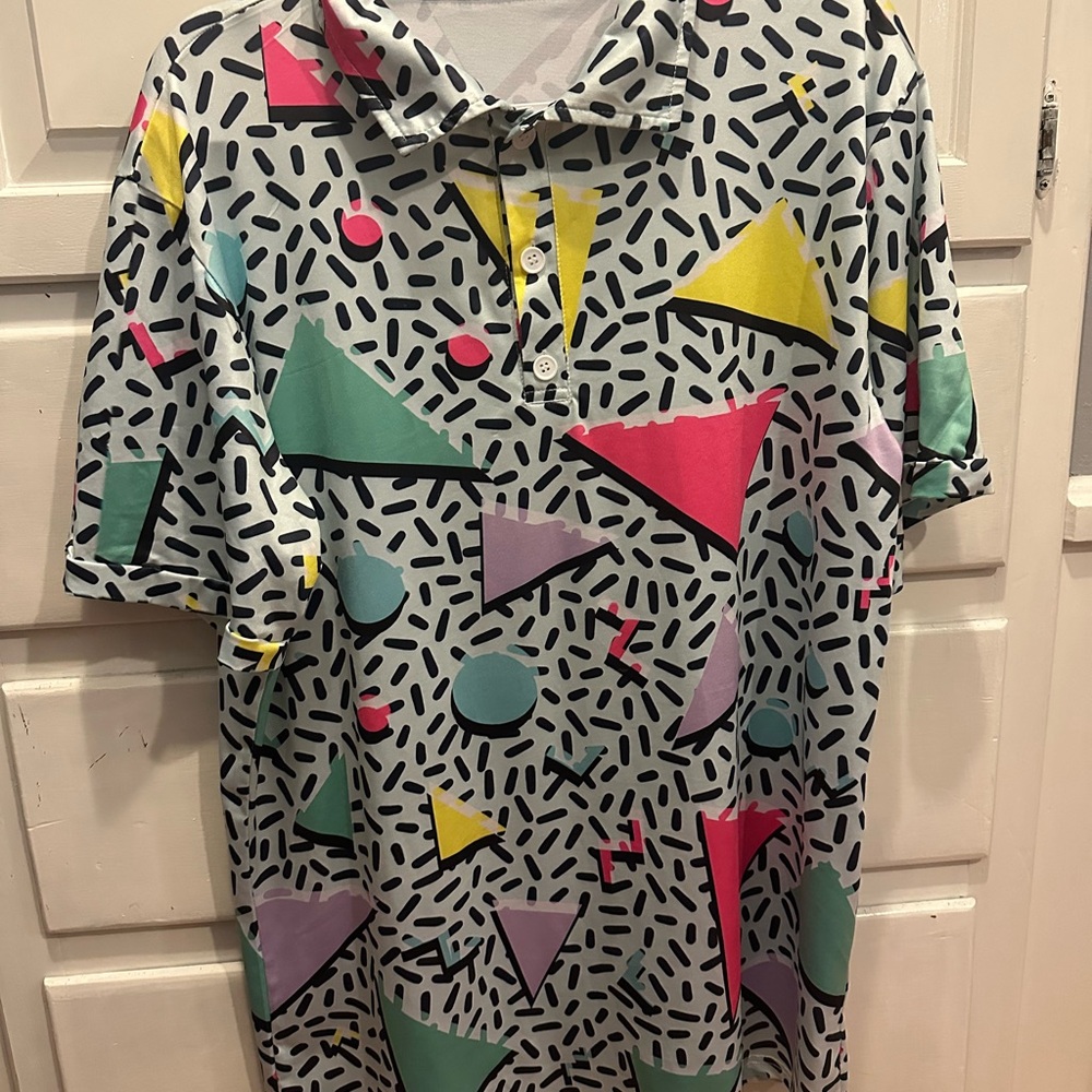 Colorful Geometric Pattern Polo Shirt short sleeved. Large